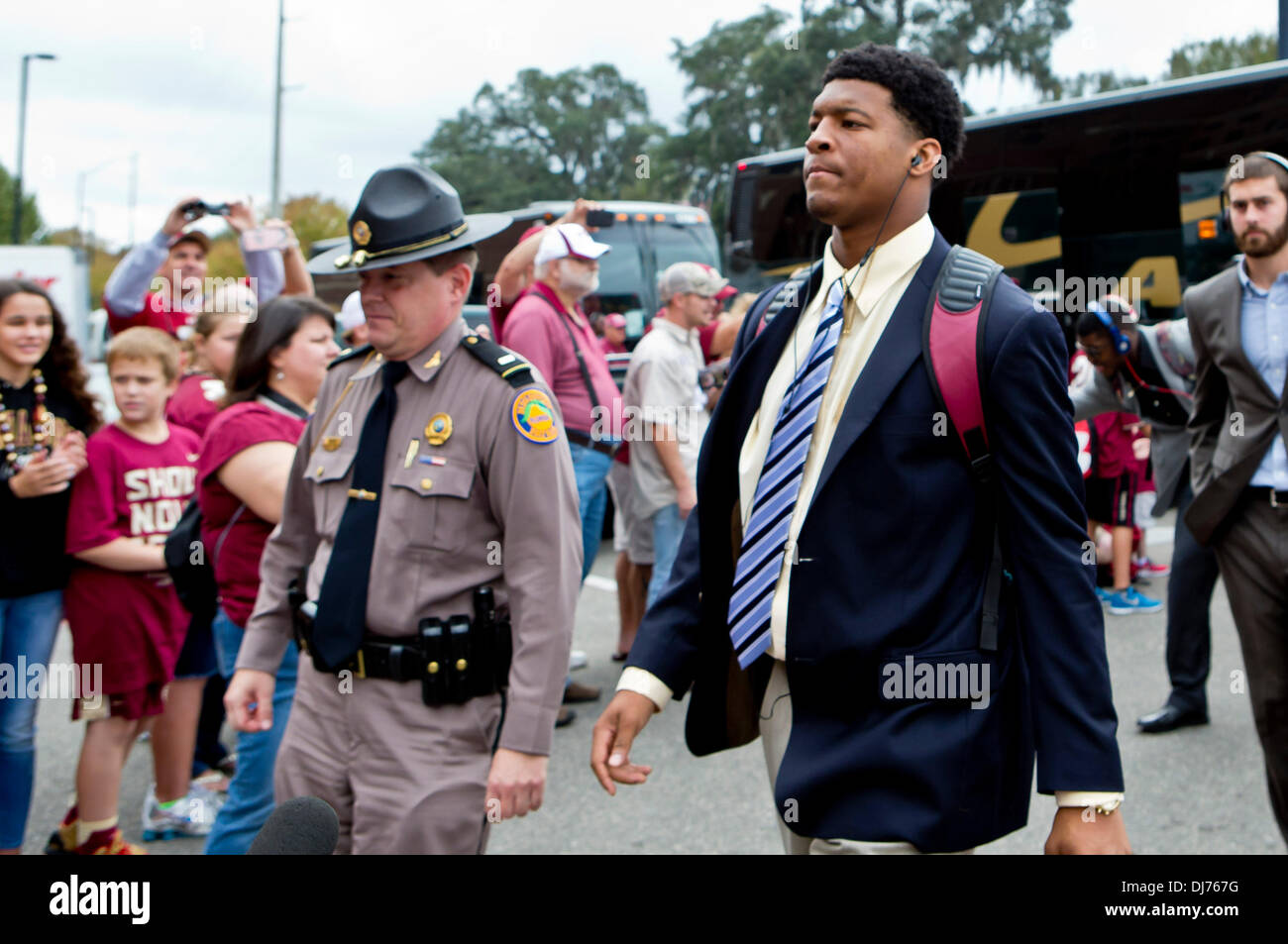 Tallahassee, Florida, USA. 23rd Nov, 2013. Florida State Seminoles quarterback Jameis Winston walks from the team bus to the stadium before the NCAA football game between the Idaho Vandals and the Florida State Seminoles at Doak S. Campbell Stadium in Tallahassee, Florida. © csm/Alamy Live News Stock Photo