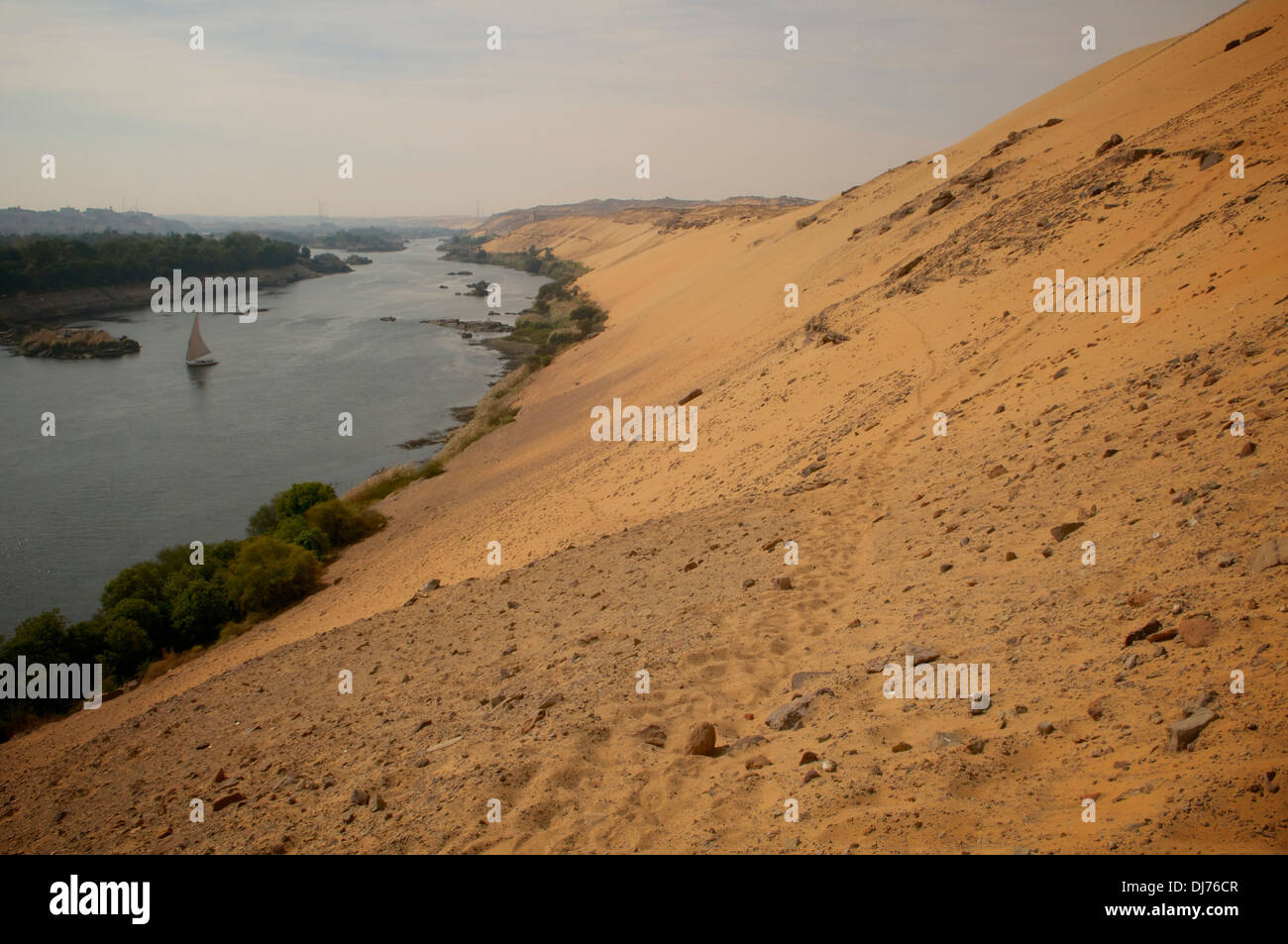 View of the Nile from a ridge on the east bank of the Nile at Aswan, Egypt. Stock Photo