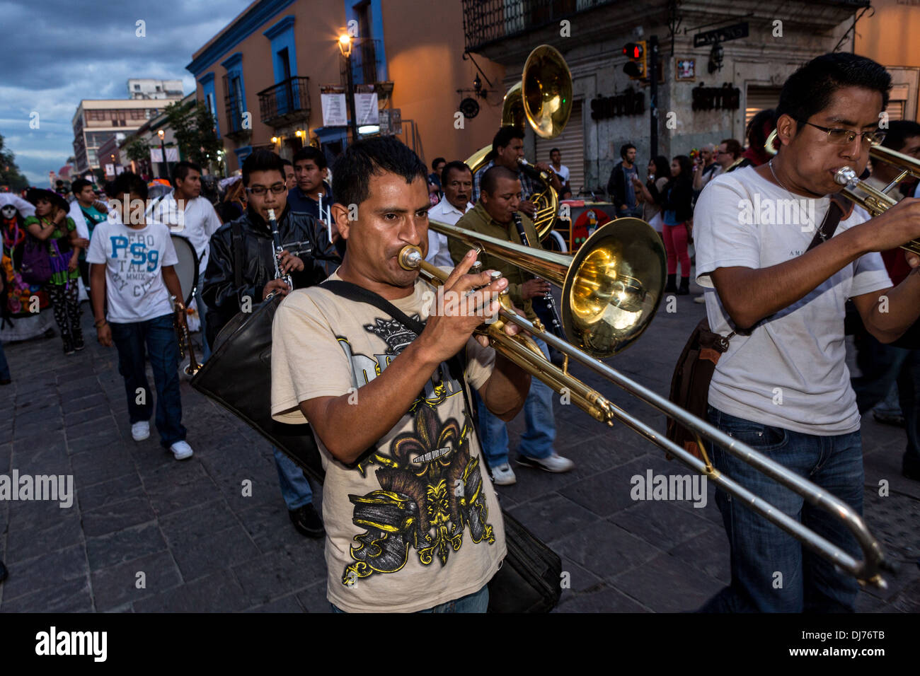 A Mexican brass band takes part in the Day of the Dead festival known in spanish as Día de Muertos in Oaxaca, Mexico. Stock Photo