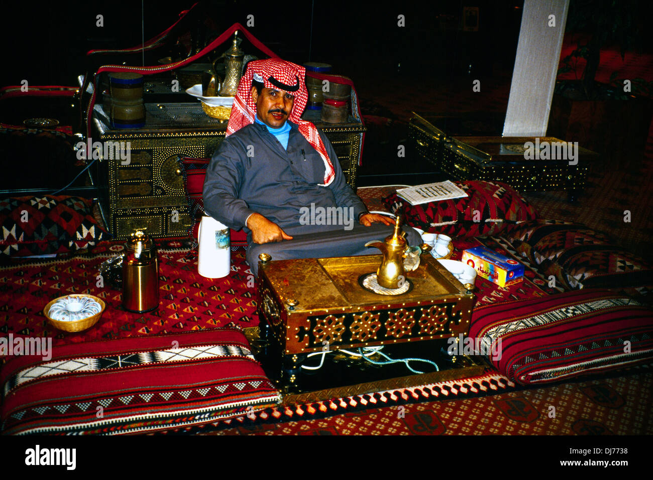 Kuwait Man Making Coffee Brass Coffee Pot Stock Photo