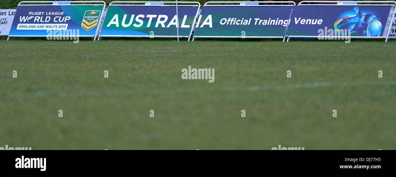 A large banner at broughton park rugby club, manchester, showing that it is an official training ground for ausralia in the Rugb Stock Photo