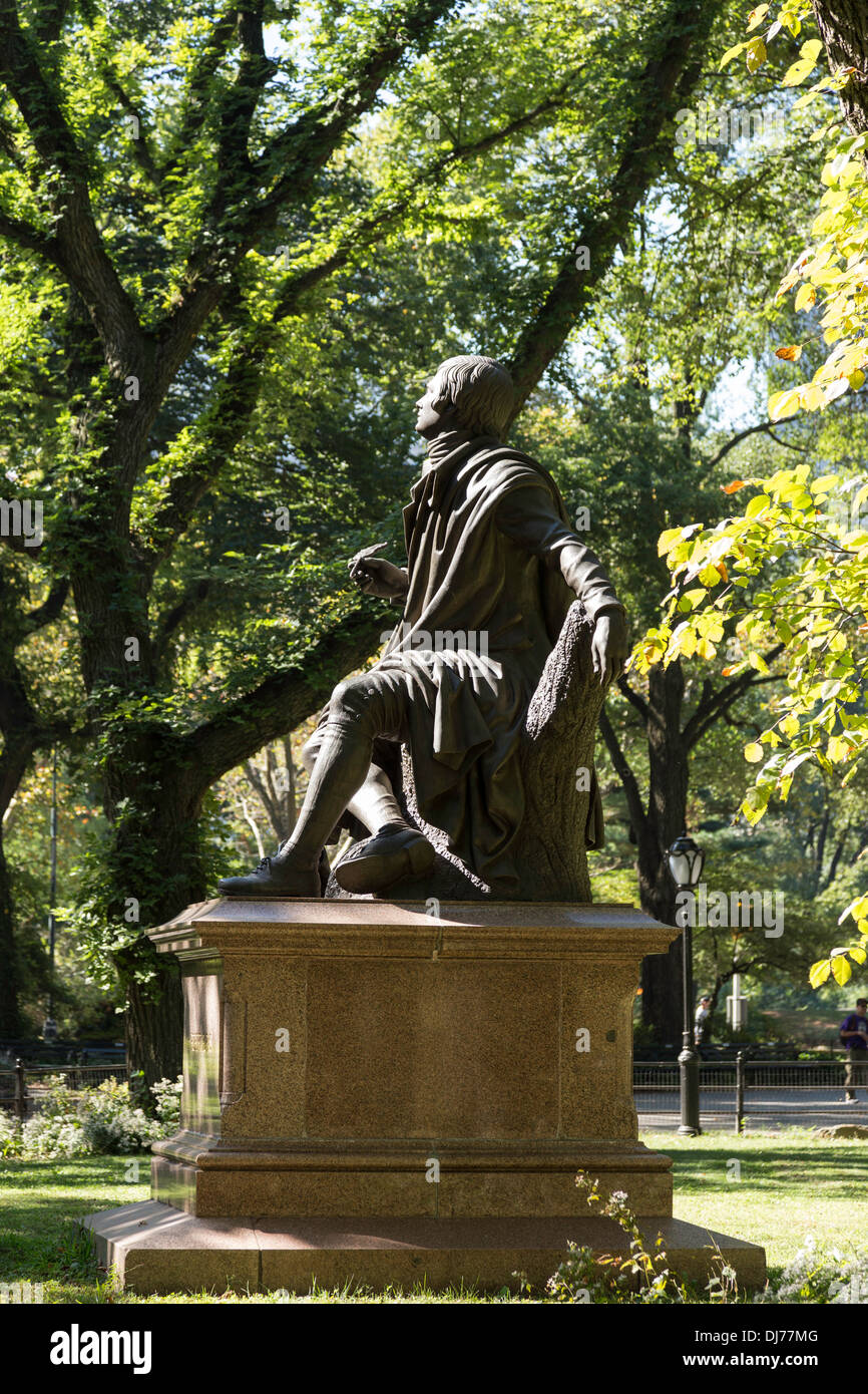 Robert Burns Sculpture is located at the South end of Literary Walk in Central Park, New York City, USA Stock Photo