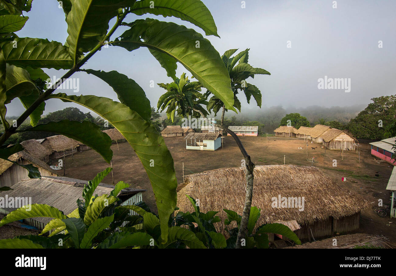 May 5, 2013 - Poti-Kro, Para, Brazil - The village of Poti-Kro is organized according to Xikrin tradition, with the meeting house standing in the center with the homes surrounding in a circle. Xikrin people live on the Bacaja, a tributary of the Xingu River, where construction of the Belo Monte Dam is reaching peak construction. Some scientists warn that the water level of the Bacaja will decrease precipitously due to the dam. (Credit Image: © Taylor Weidman/ZUMA Wire/ZUMAPRESS.com) Stock Photo