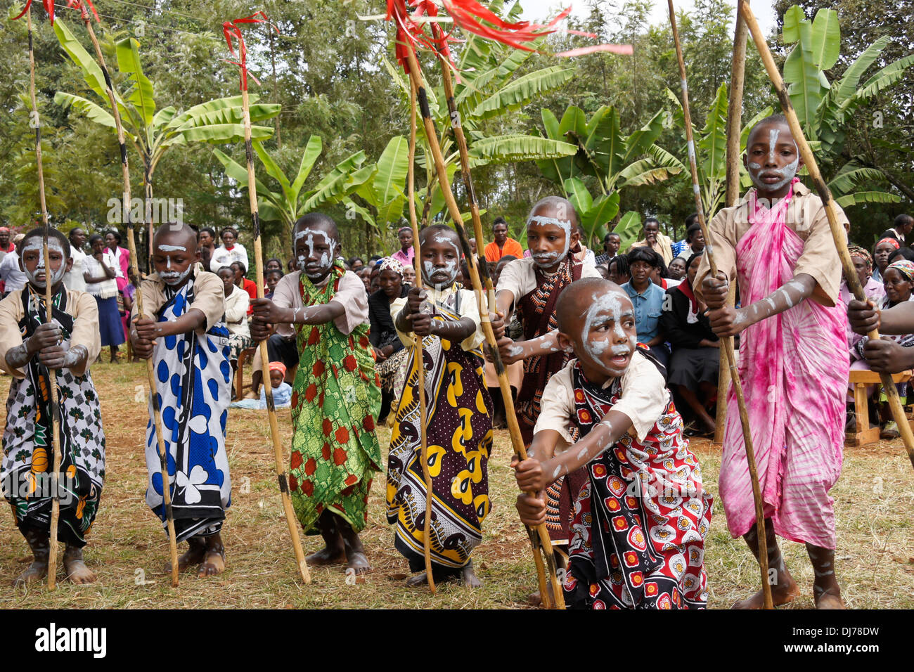 Kikuyu boys performing tribal dance, Karatina, Kenya Stock Photo