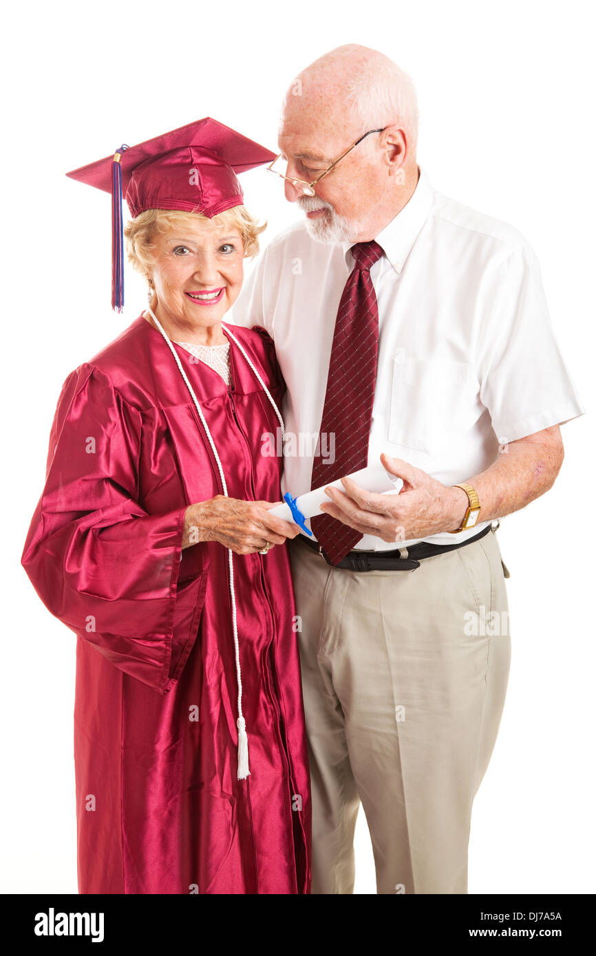 Senior Lady And Her Proud Husband Celebrate Her College Graduation Isolated On White Stock