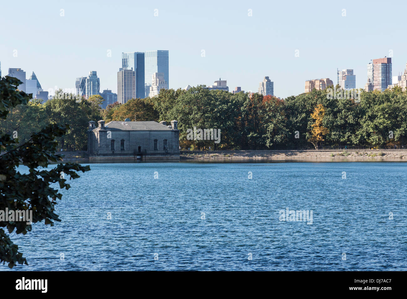 The Reservoir,  Midtown Skyline in Distance, Central Park, NYC Stock Photo