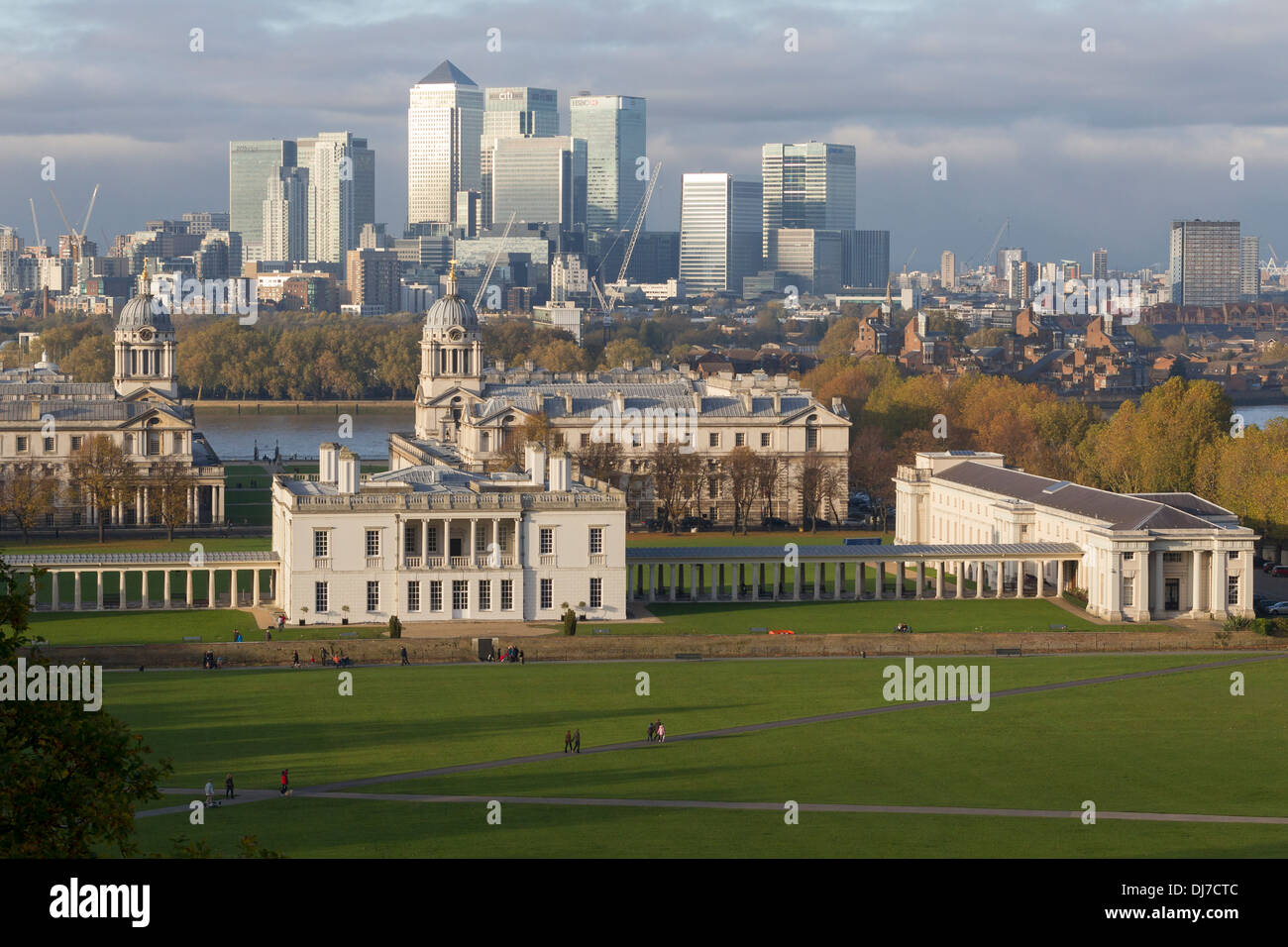 View of Greenwich Naval College and the City of London from the Royal Observatory in Greenwich Stock Photo