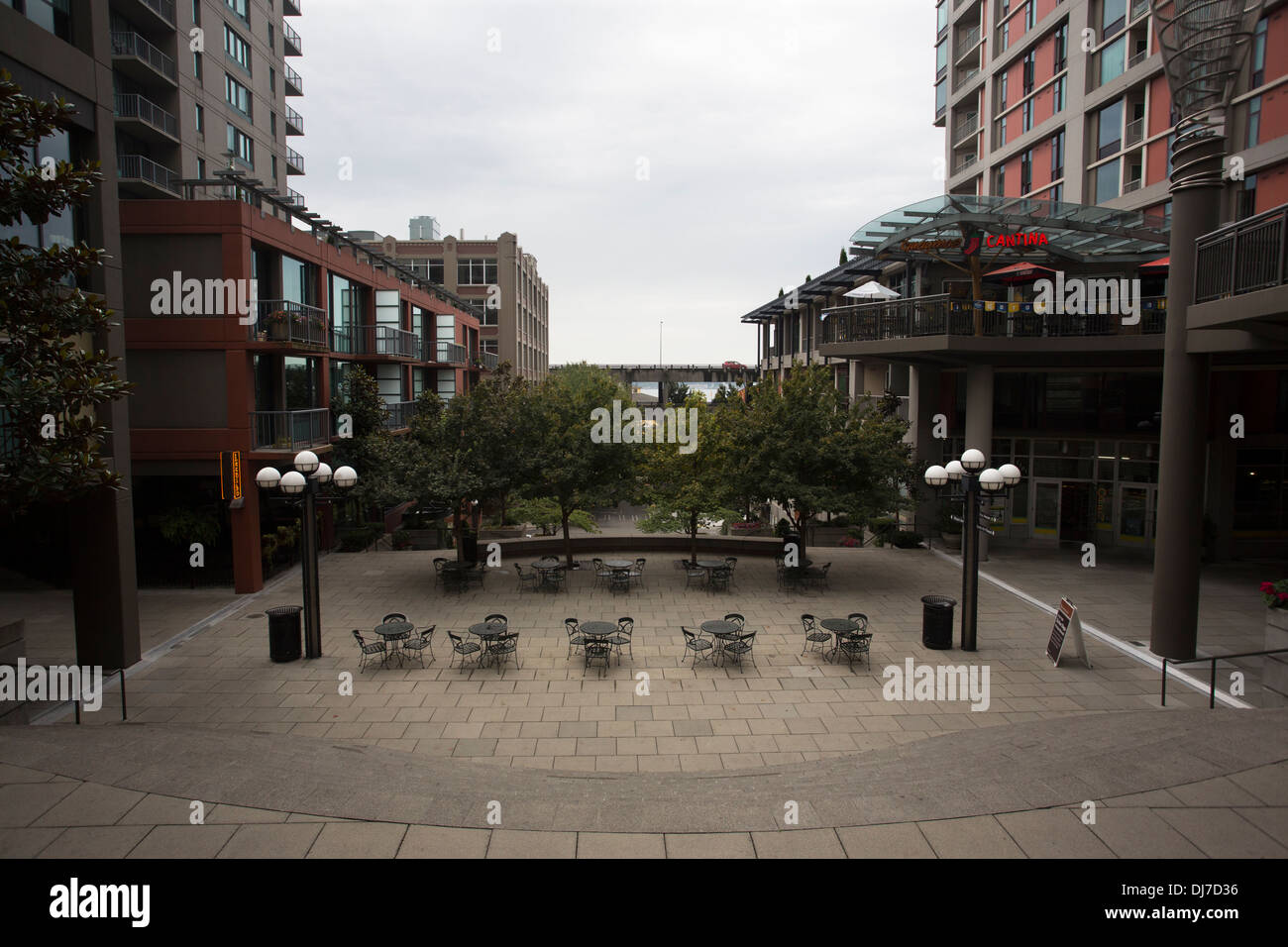 Tables and chairs in a restaurant courtyard in Seattle, Washington. Stock Photo