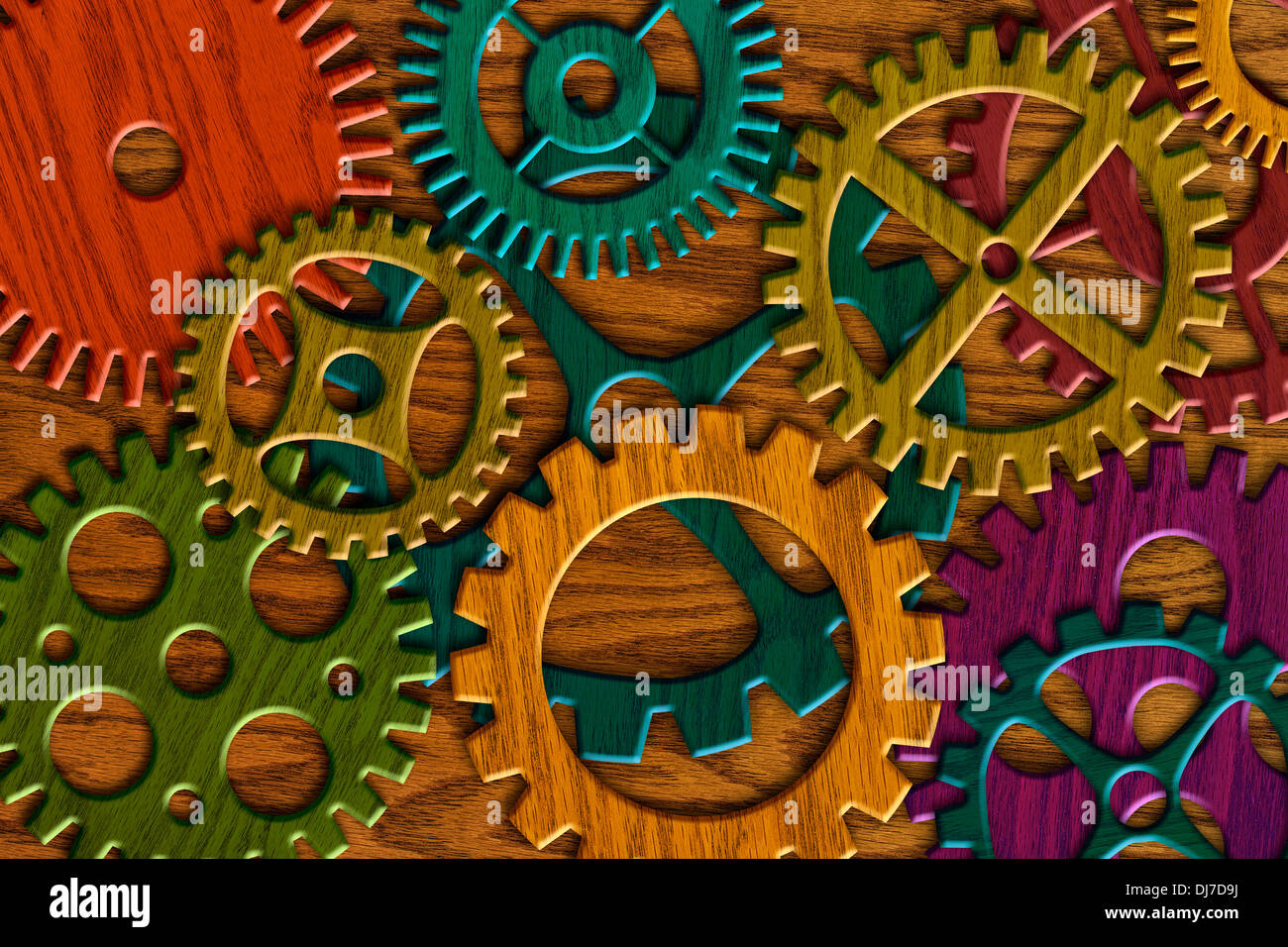 Colorful Wooden Gears on Wood Grain Texture Background Stock Photo