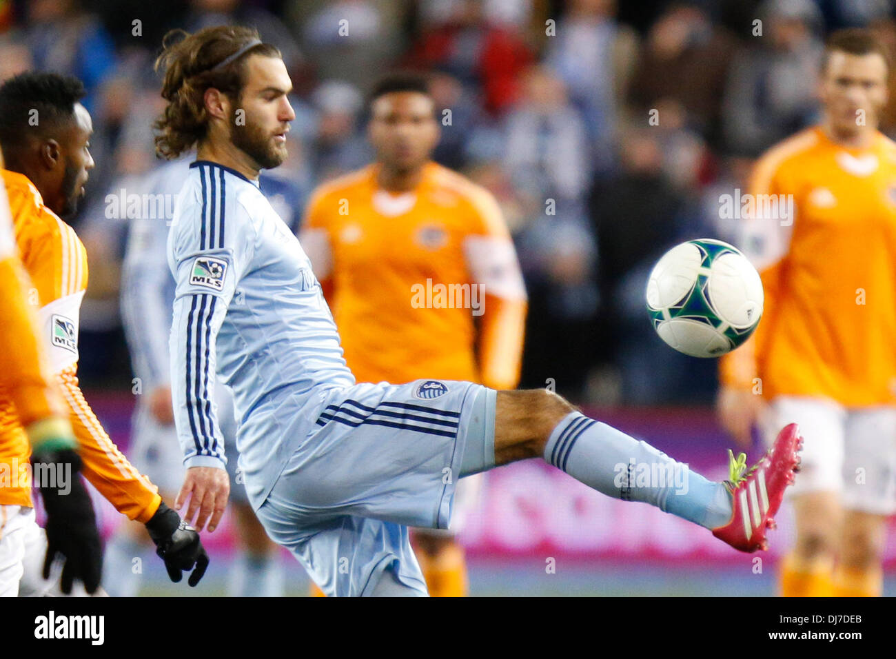 Nov. 23, 2013 - November 23, 2013: Graham Zusi #8 of the Sporting KC attempts to gain control of a pass against the Houston Dynamo in the second half during the MLS semi-final on November 23, 2013 at Sporting Park in Kansas City, Kansas. Stock Photo
