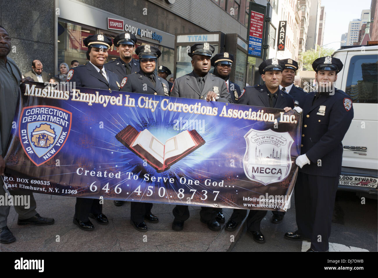 NY Department of Corrections officers get ready to march in the Annual Muslim Day Parade, New York City, 2012. Stock Photo
