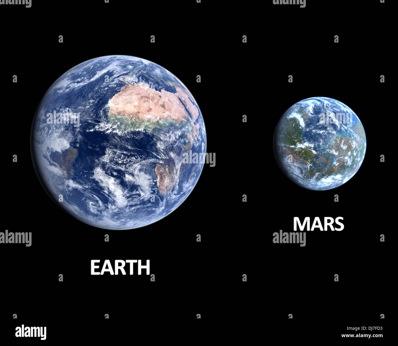 A comparison of the Earth and a terraformed Mars on a black