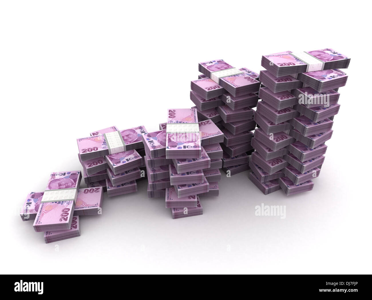 Stack of Turkish Lira on wihite background (computer generated image) Stock Photo