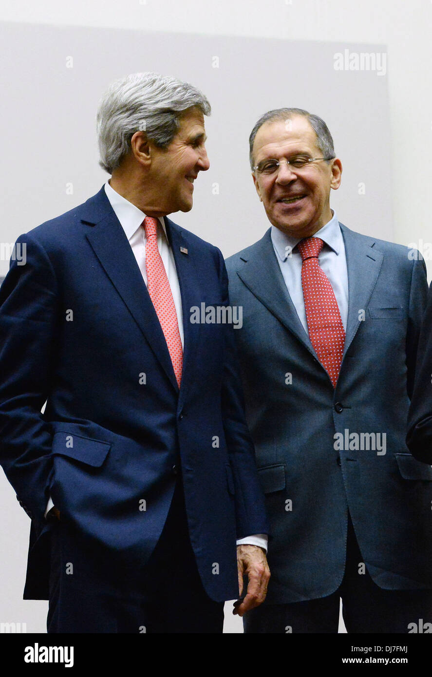 Geneva, Switzerland. 24th Nov, 2013. U.S. Secretary of State John Kerry (L) talks with Russian Foreign Minister Sergei Lavrov after a statement in Geneva, Switzerland, Nov. 24, 2013. After intensive negotiations, the P5 1 group and Iran have reached a first-step agreement on Iran's nuclear program, EU foreign policy chief Catherine Ashton announced early Sunday morning. Credit:  Wang Siwei/Xinhua/Alamy Live News Stock Photo