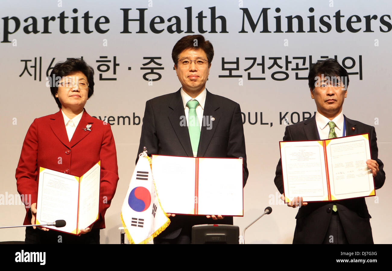 Seoul, South Korea. 24th Nov, 2013. Li Bin (L), head of China's National Health and Family Planning Commission, South Korean Vice Minister of Health and Welfare Lee Young Chan (C), and Japanese Health, Labour and Welfare Minister Tamura Norihisa attend the 6th Tripartite Health Ministers' Meeting in Seoul, South Korea, Nov. 24, 2013. Credit:  Park Jin-hee/Xinhua/Alamy Live News Stock Photo