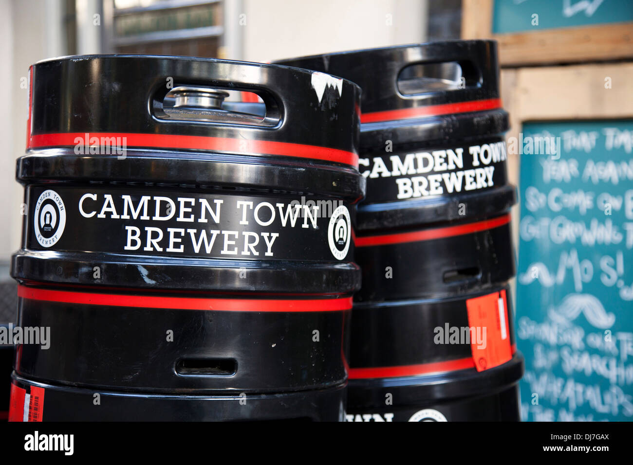 Camden Town Brewery beer kegs outside a bar in London. Stock Photo