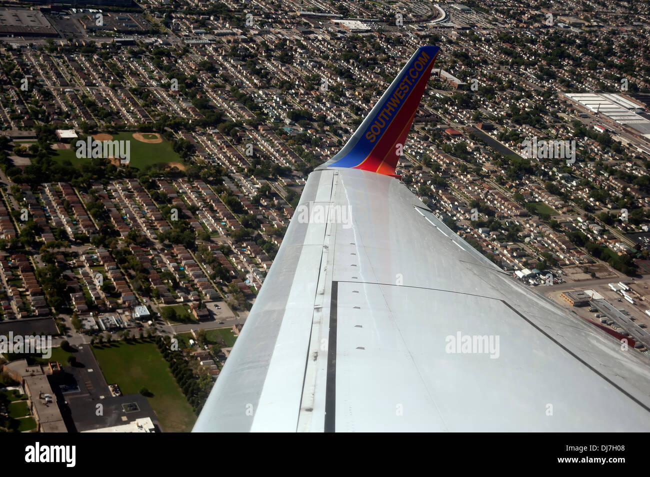 Southwest Airlines Boeing 737-700 wing tip over Chicago, Illinois, USA Stock Photo