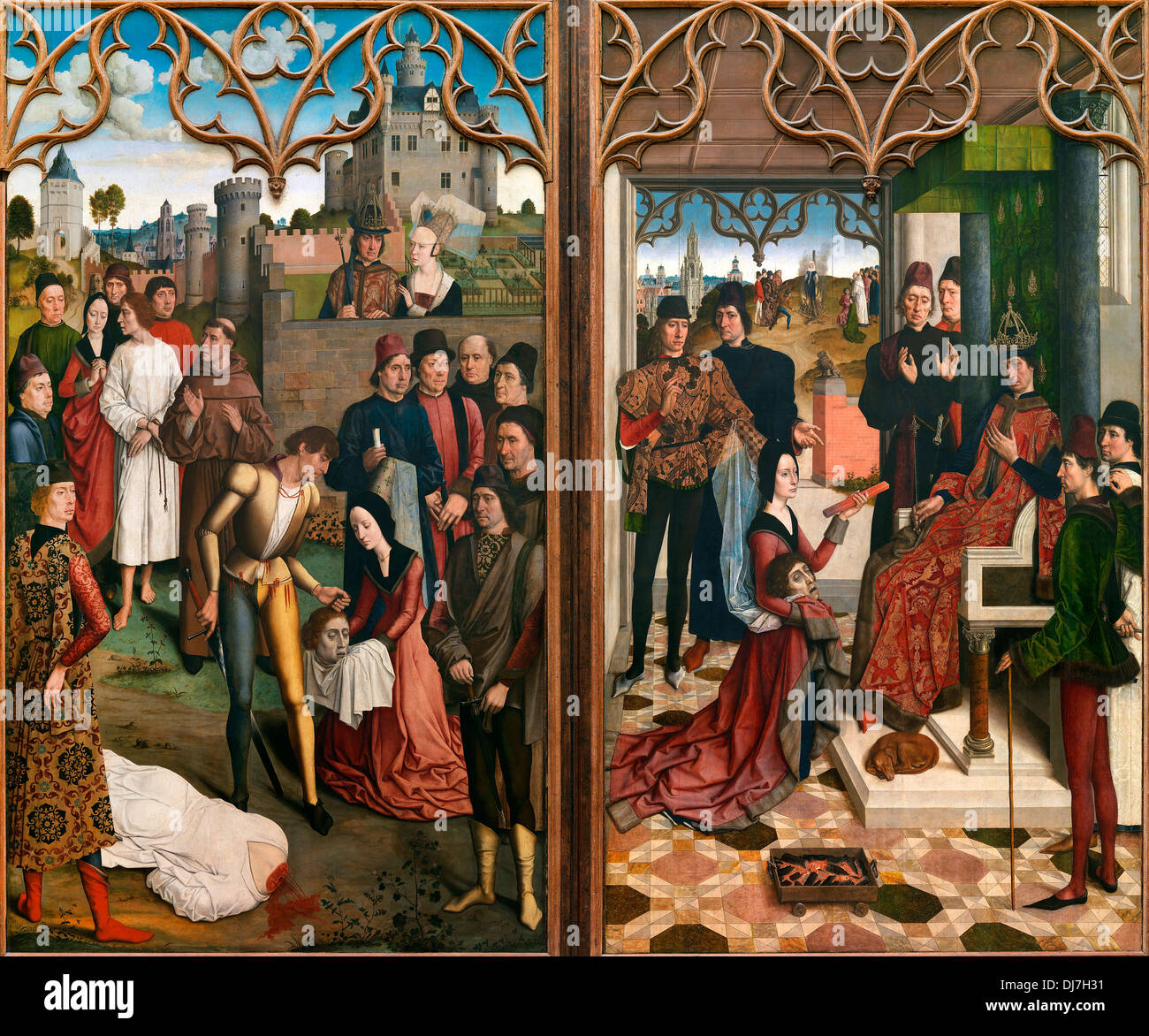 Dirk Bouts, Justice of Emperor Otto III: Beheading of the Innocent Count and Ordeal by Fire 1471-1475 Panel. Stock Photo
