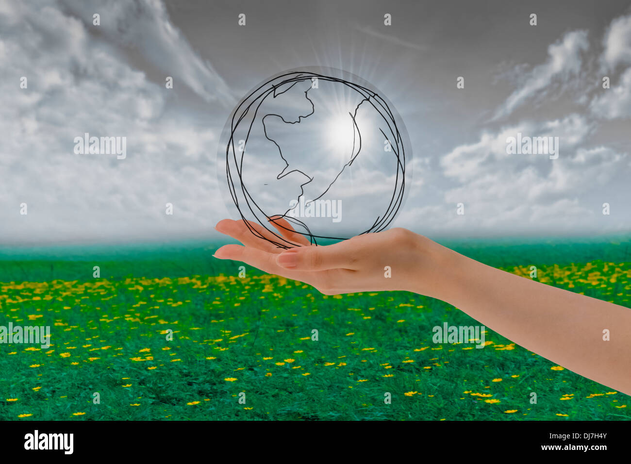 Hand Holding Bubble with Save Earth, Environment Concept Stock Photo