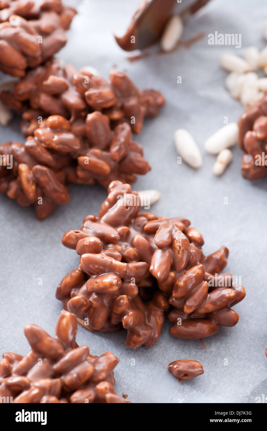 Puffed rice in melted milk chocolate. Stock Photo
