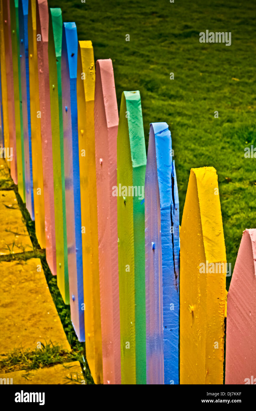 Colorful Wooden Compound, Wall in a School, Pune, Maharashtra, India Stock Photo