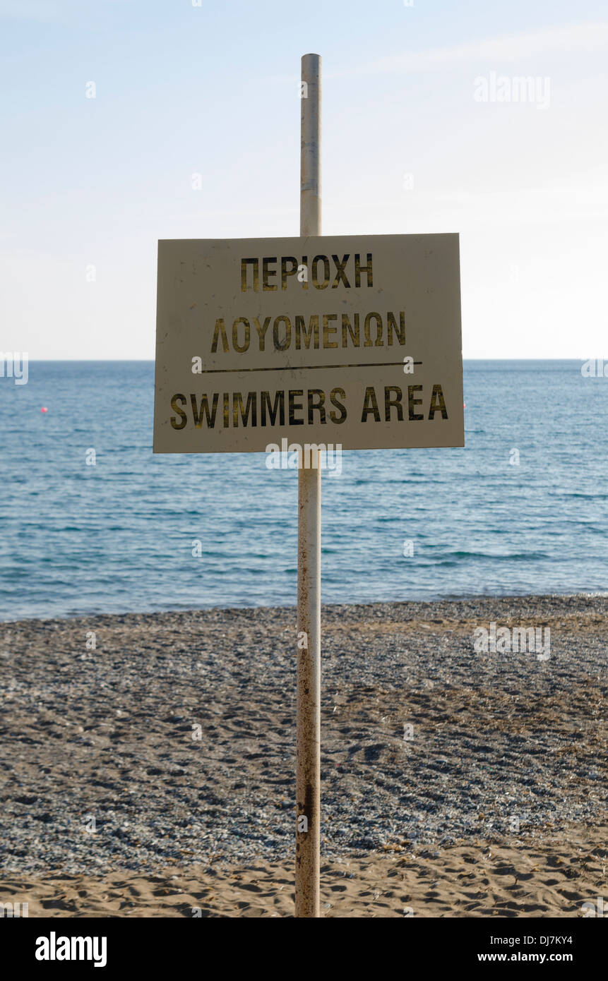 Swimmers Area Sign Pissouri Beach Cyprus Stock Photo