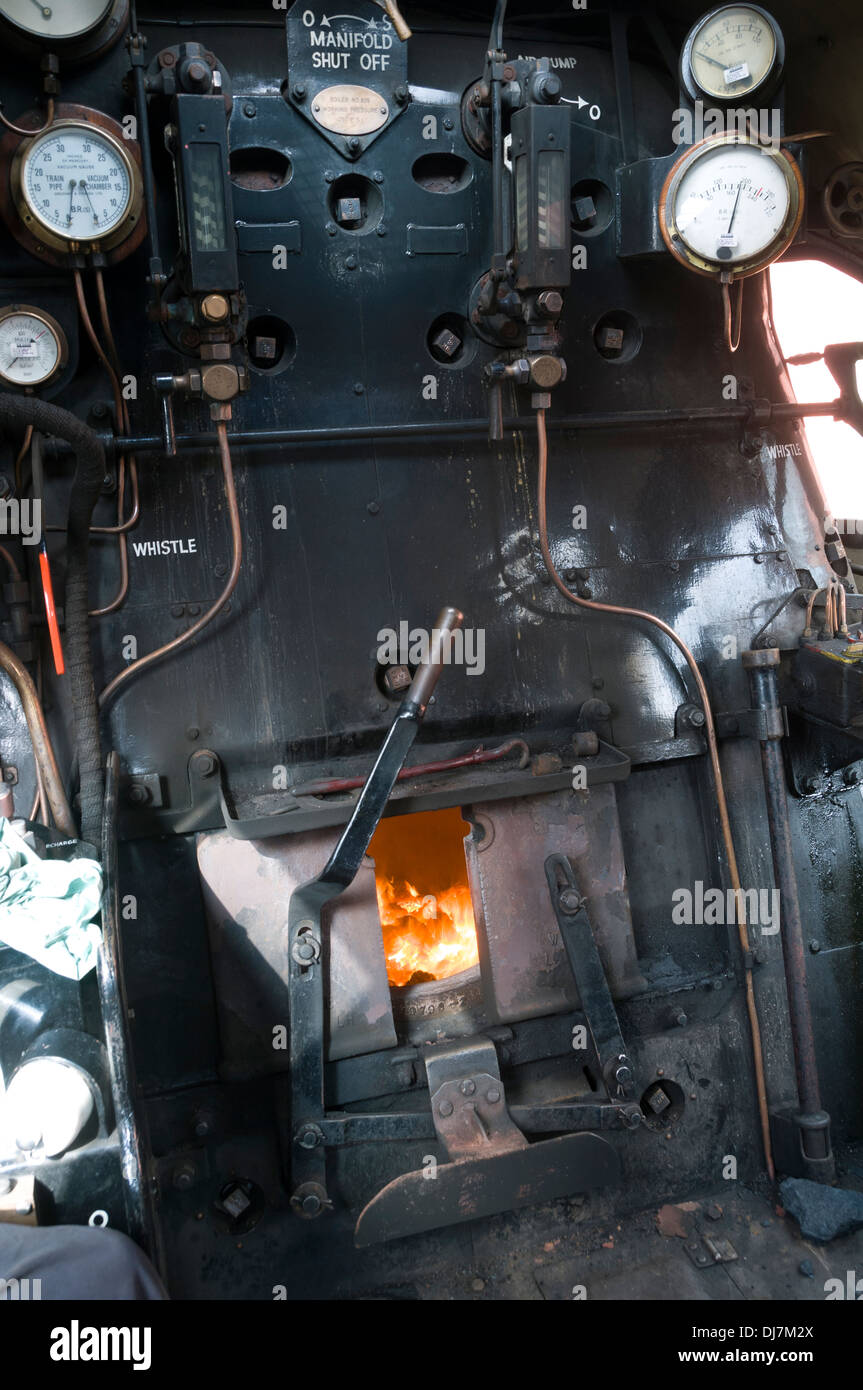 Inside the cab of BR standard class 7 70000 Britannia steam locomotive at Crewe, Cheshire, England, UK.  Built 1951. Stock Photo