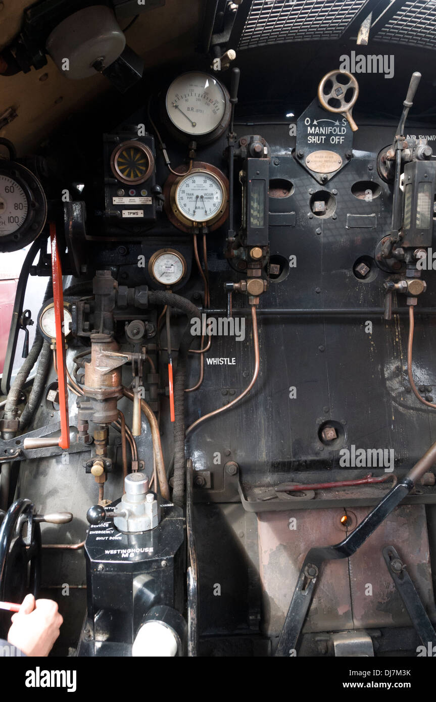 Inside the cab of BR standard class 7 70000 Britannia steam locomotive at Crewe, Cheshire, England, UK.  Built 1951. Stock Photo