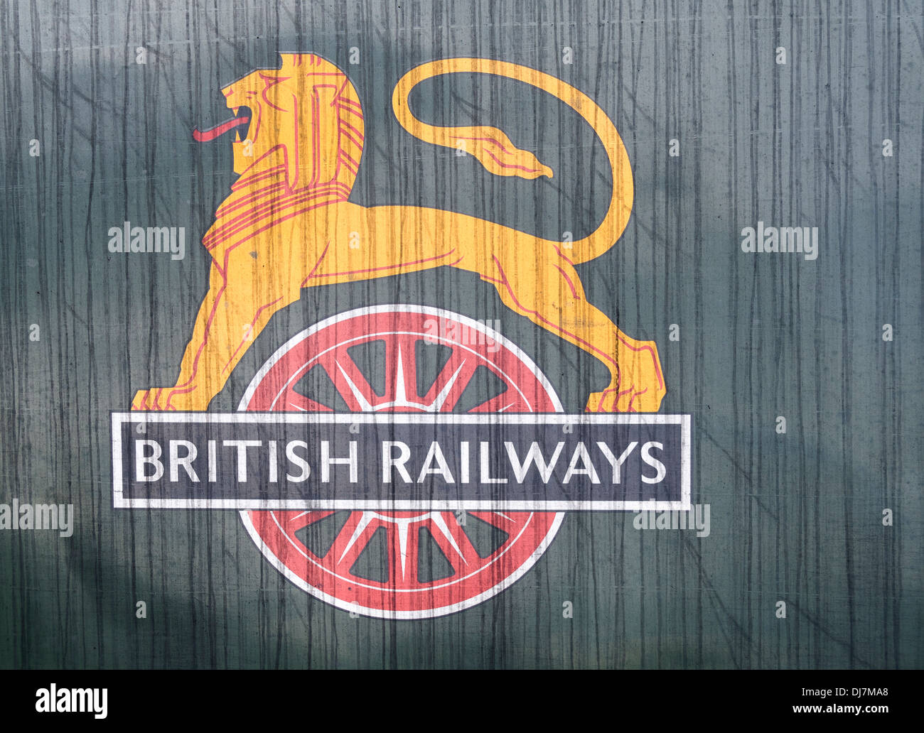 British Railways logo, streaked with dirt, on  'Duchess of Sutherland' steam locomotive at Crewe, Cheshire, England, UK. Stock Photo