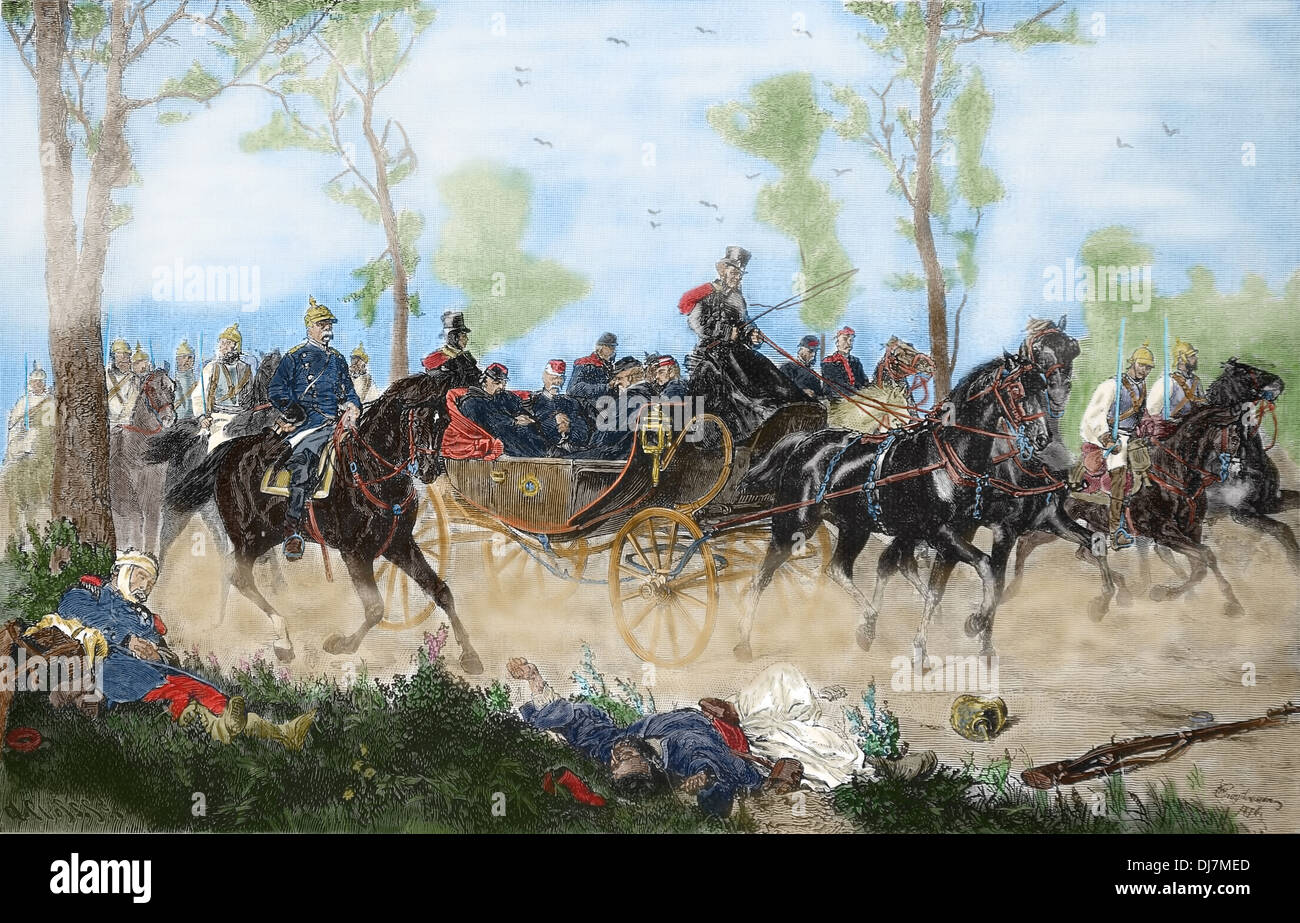 Franco Prussian War. Battle of Sedan. 1 sept. 1870. Capture of Emperor Napoleon III. Engraving. Color. Stock Photo