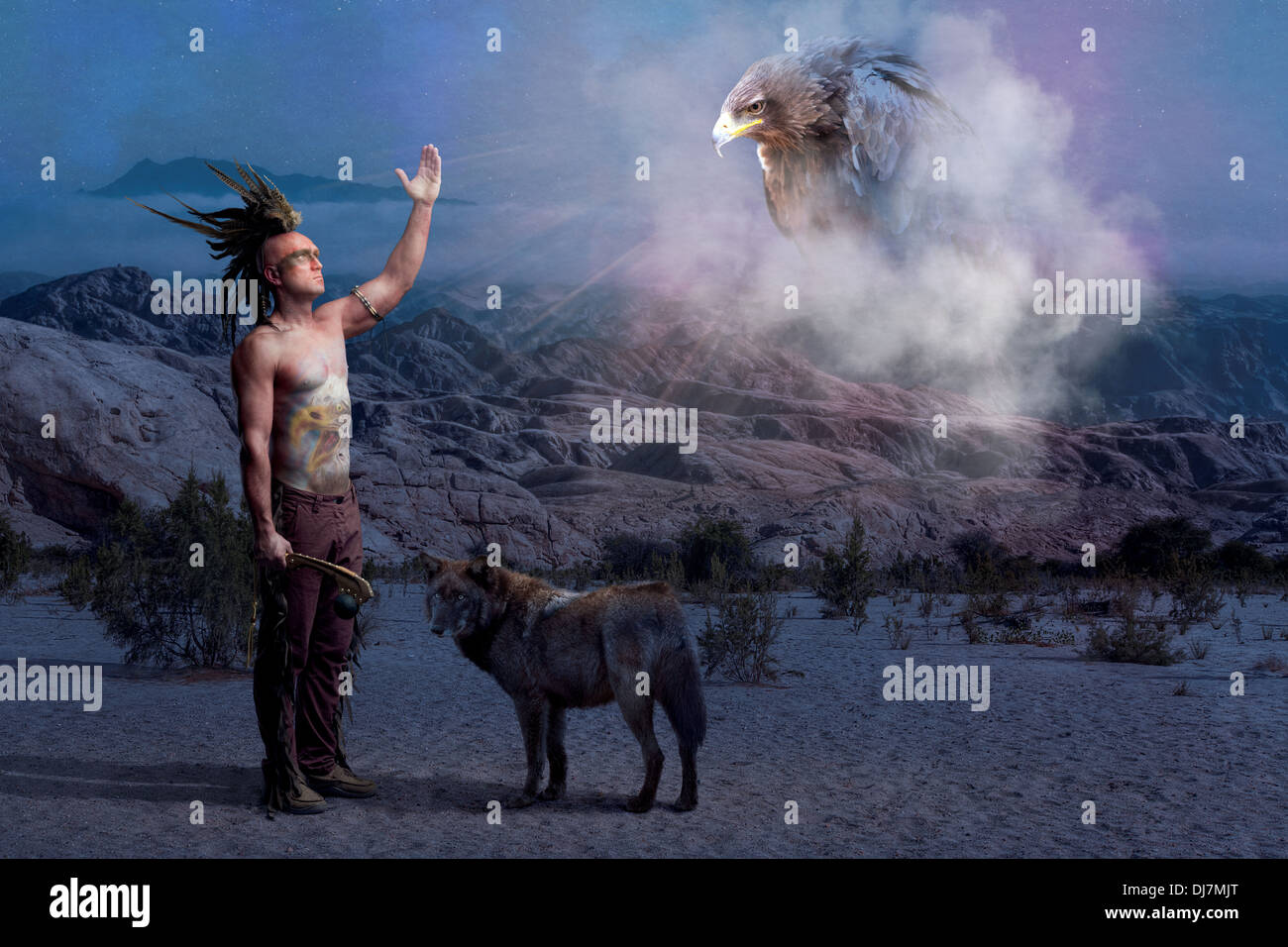 American Indian legend with warrior, wolf and eagle Stock Photo