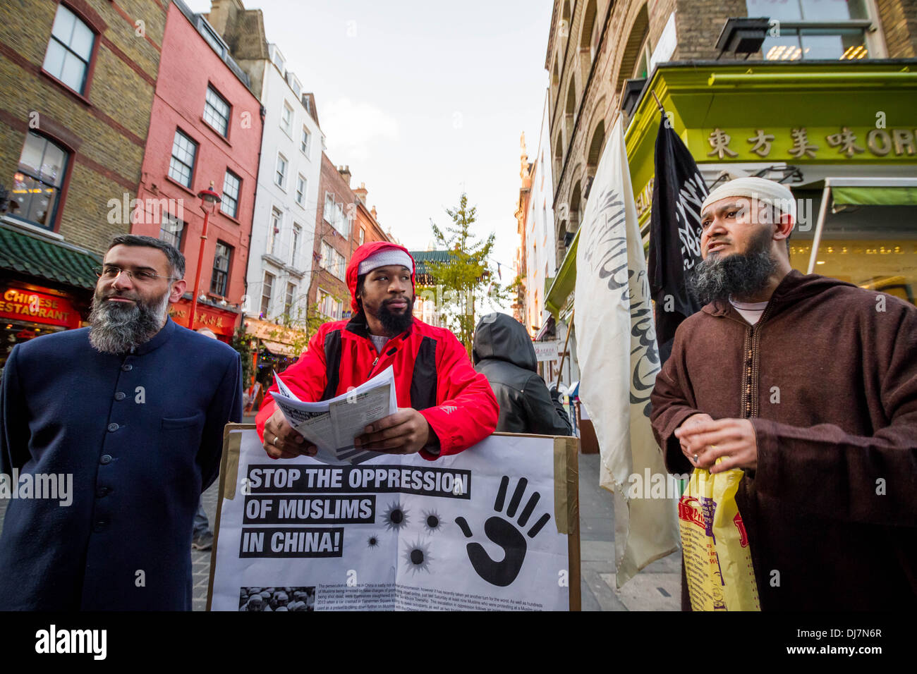 Radical Islamists including Anjem Choudary (L) and Ricardo McFarlane (C) protesting in London’s Chinatown, UK. Stock Photo