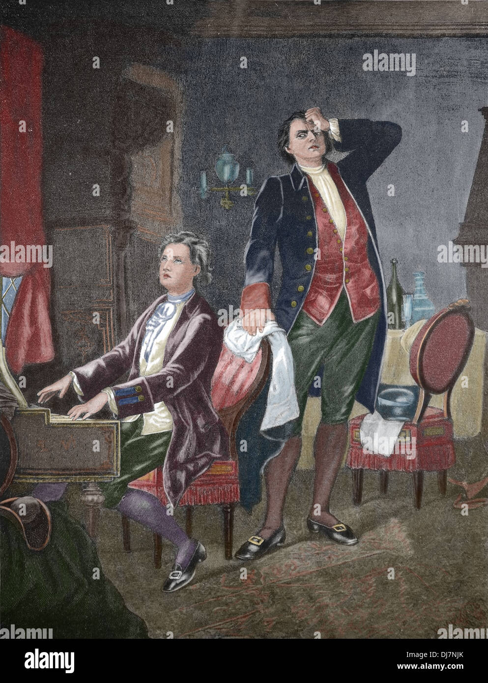 Wolfgang Amadeus Mozart (1756-1791) and Antonio Salieri (1750-1825). Colored engraving. Stock Photo