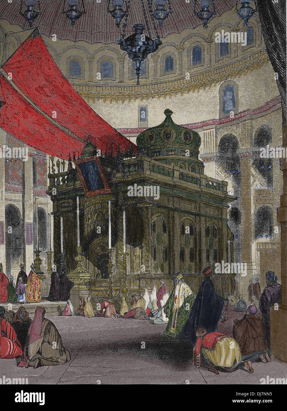 Church of the Holy Sepulchre in Jerusalem. Holy Chapel. Engraving. (Later colouration) Stock Photo