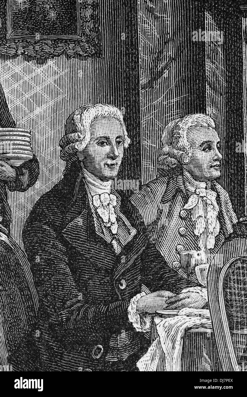 Banquet in honor Mozart . Haydn (1732-1809) and Albrechtsberger (1736-1809). Engraving. Stock Photo