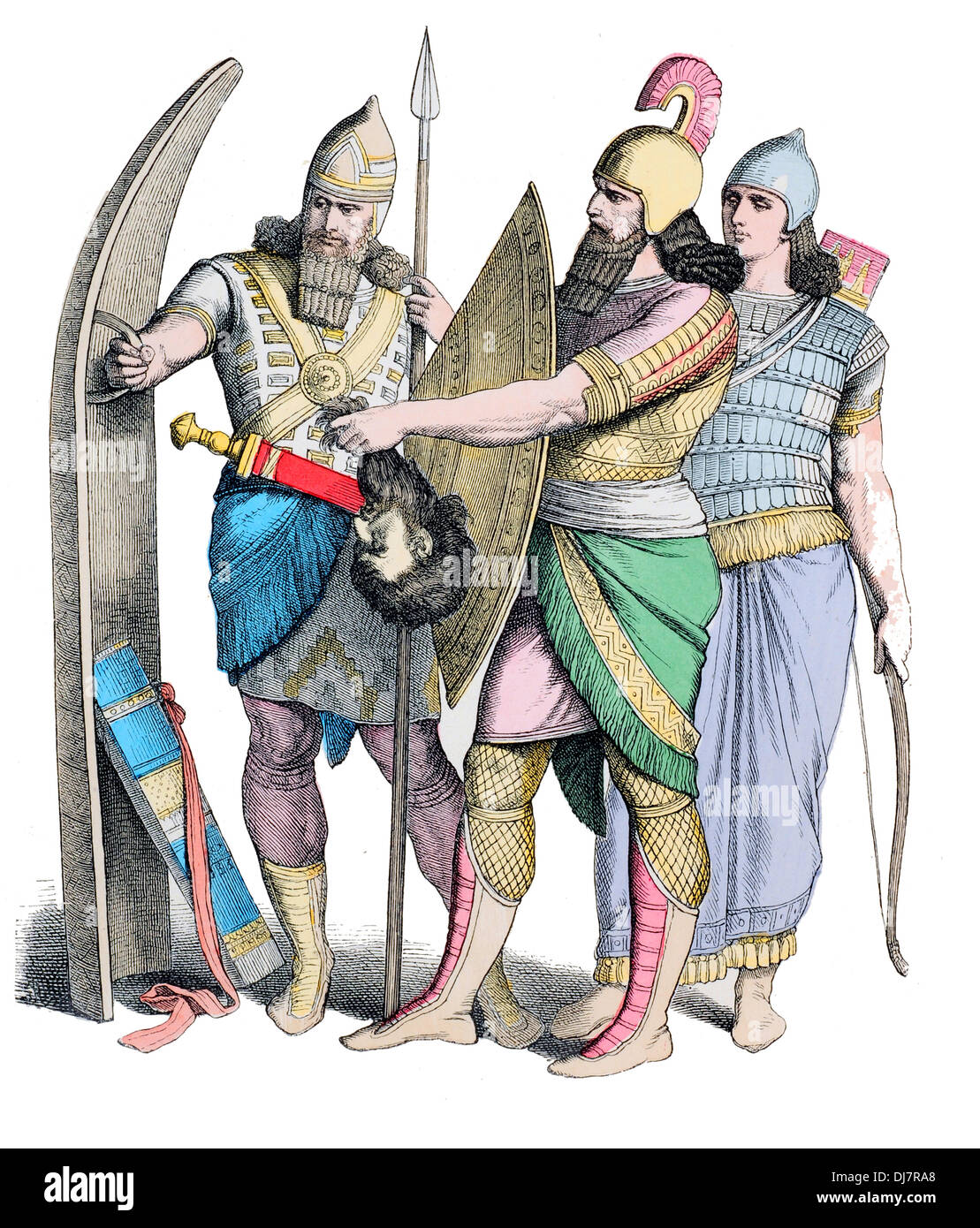 Pre Christian BC Assyrian warriors with hand shield and standing shield Stock Photo
