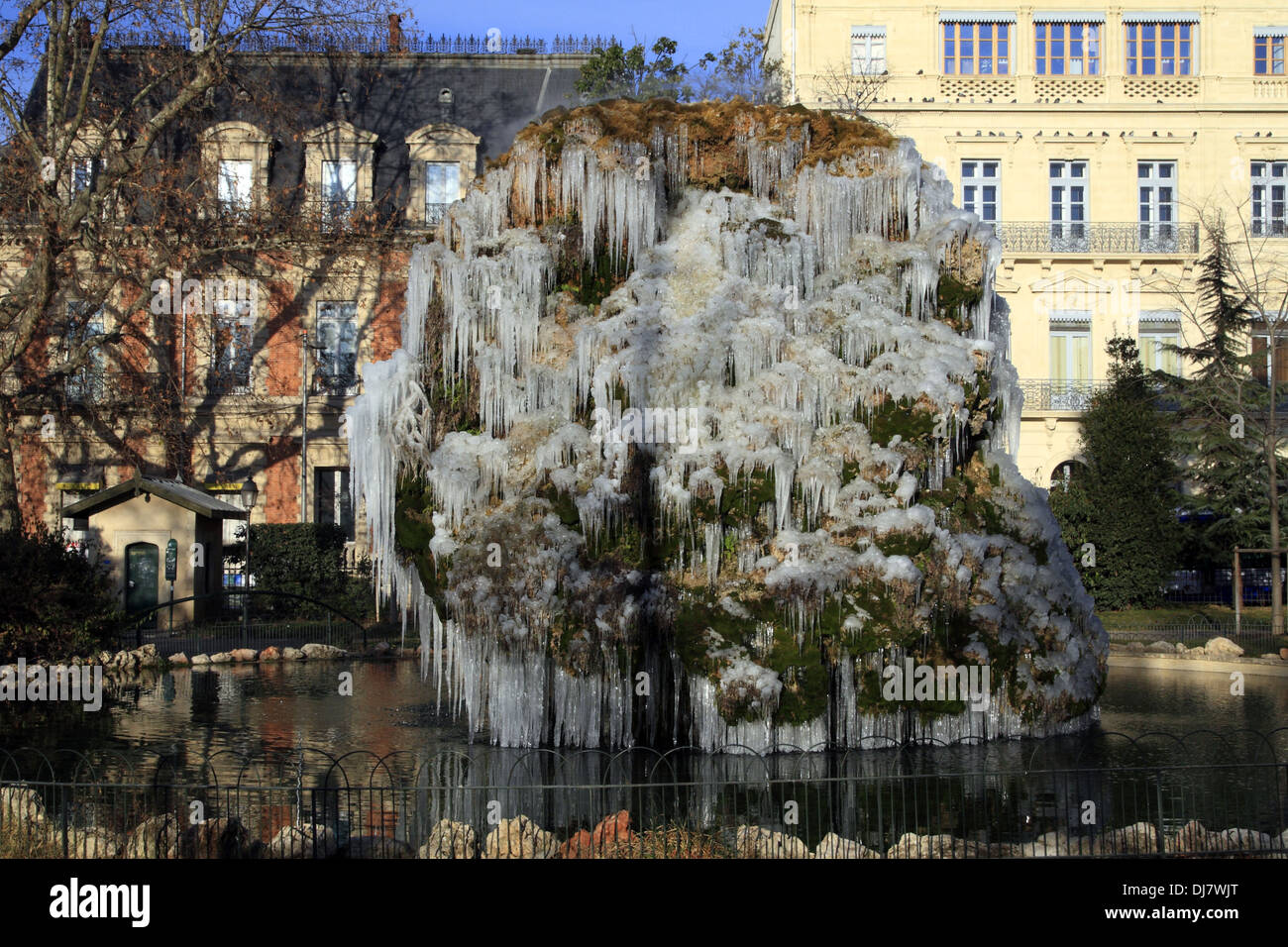Frozen fountain close St. Roch Station  in Montpellier, Languedoc Roussillon, France Stock Photo