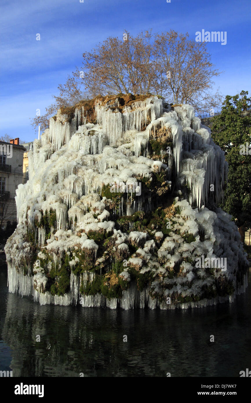 Frozen fountain close St. Roch Station  in Montpellier, Languedoc Roussillon, France Stock Photo