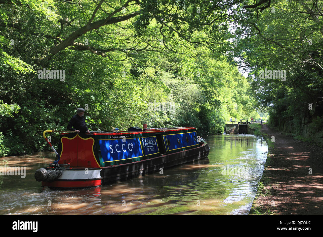 A narrowboat approaching Tyrley Bottom Lock on the Shropshire Union