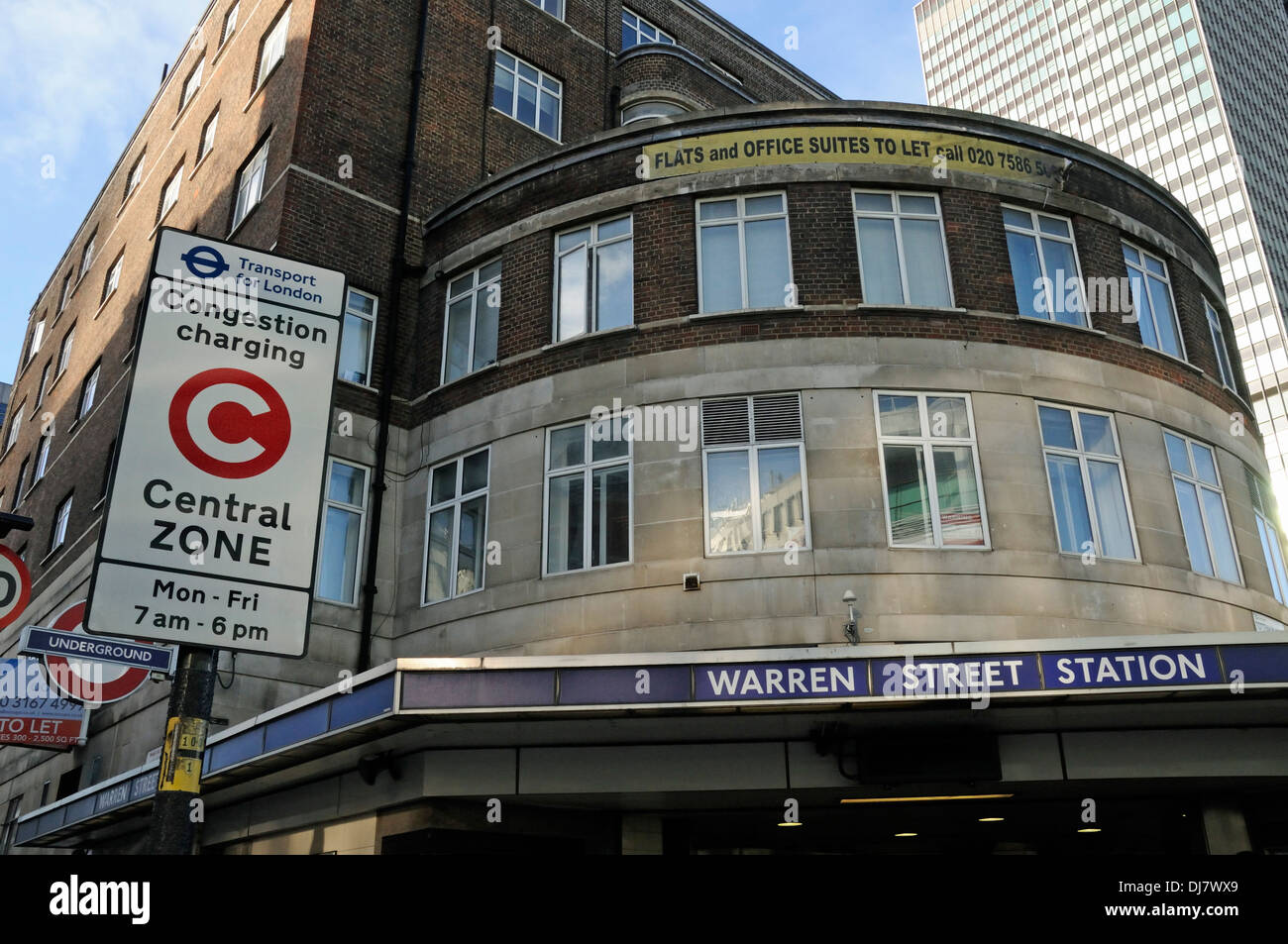 Warren Street Station from outside with Congestion Charging or charge Central Zone sign adjacent, London England UK Stock Photo