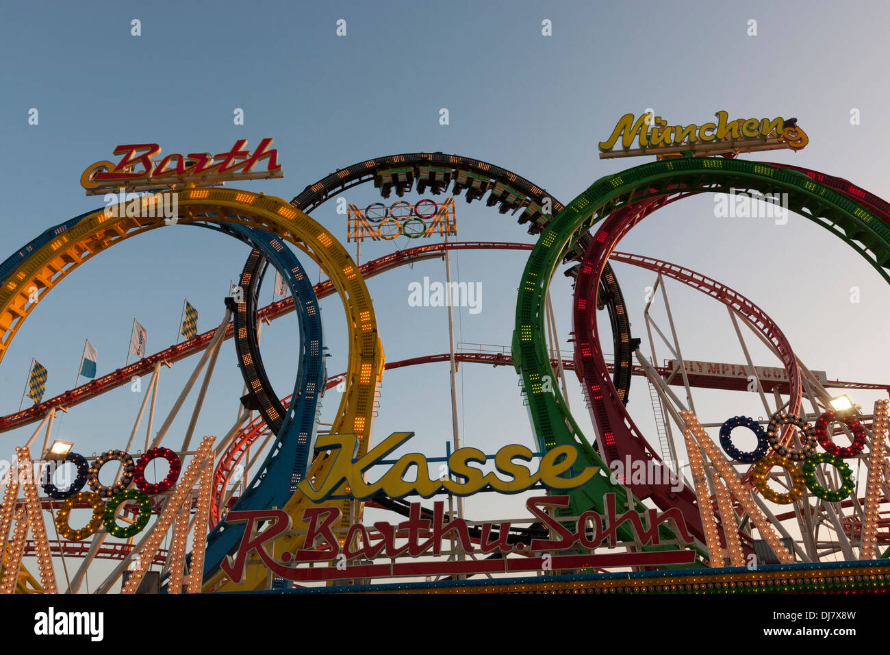Looping, the Oktoberfest Olympic Roller Coaster in the world's largest beer festival Munich , Germany. Stock Photo