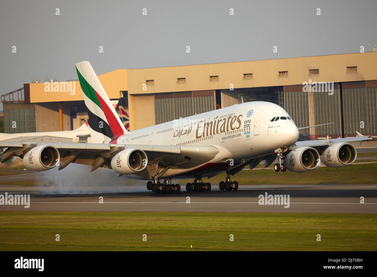 Emirates Airbus A380 landing at London Heathrow Airport Stock Photo