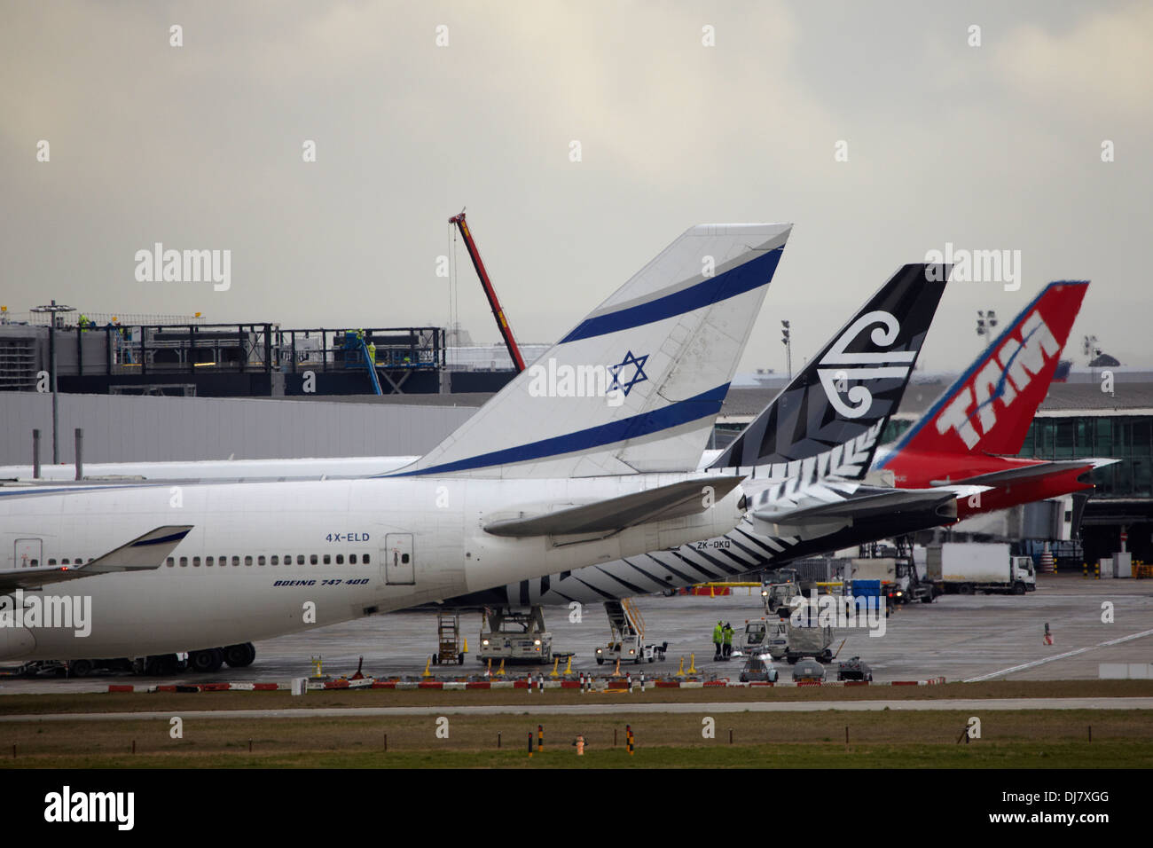El Al Israel Airlines, Air New Zealand and TAM aircraft tails at London Heathrow Airport Stock Photo