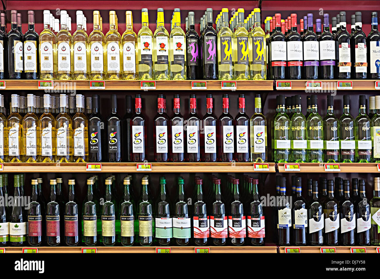 Bottles of local wine on sale in shop, Costa Teguise, Lanzarote, Canary Islands, Spain Stock Photo
