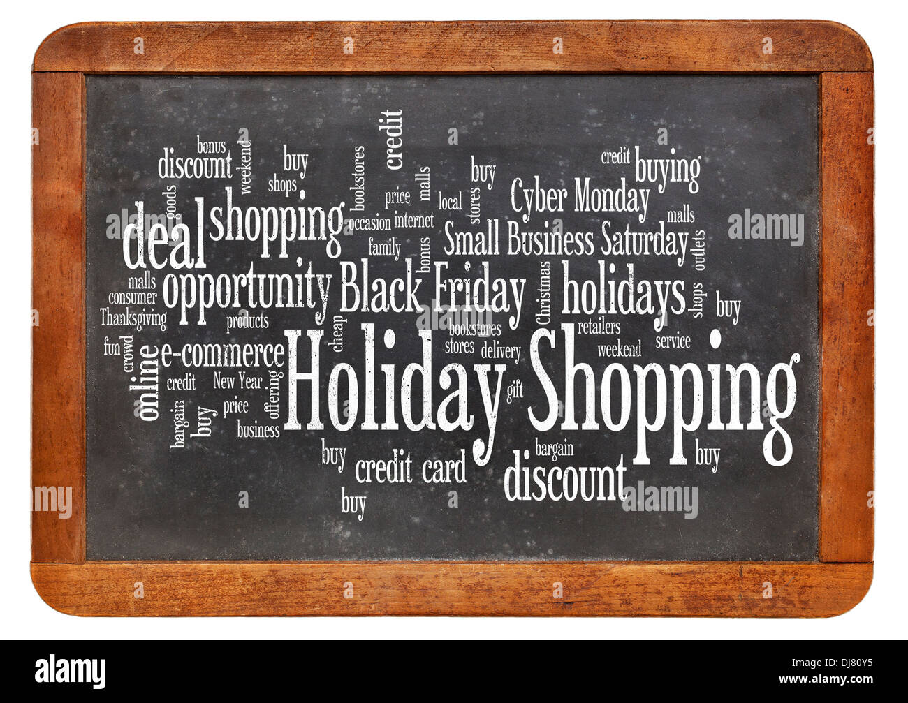 consumerism concept - holiday shopping word cloud on a vintage slate blackboard isolated on white Stock Photo