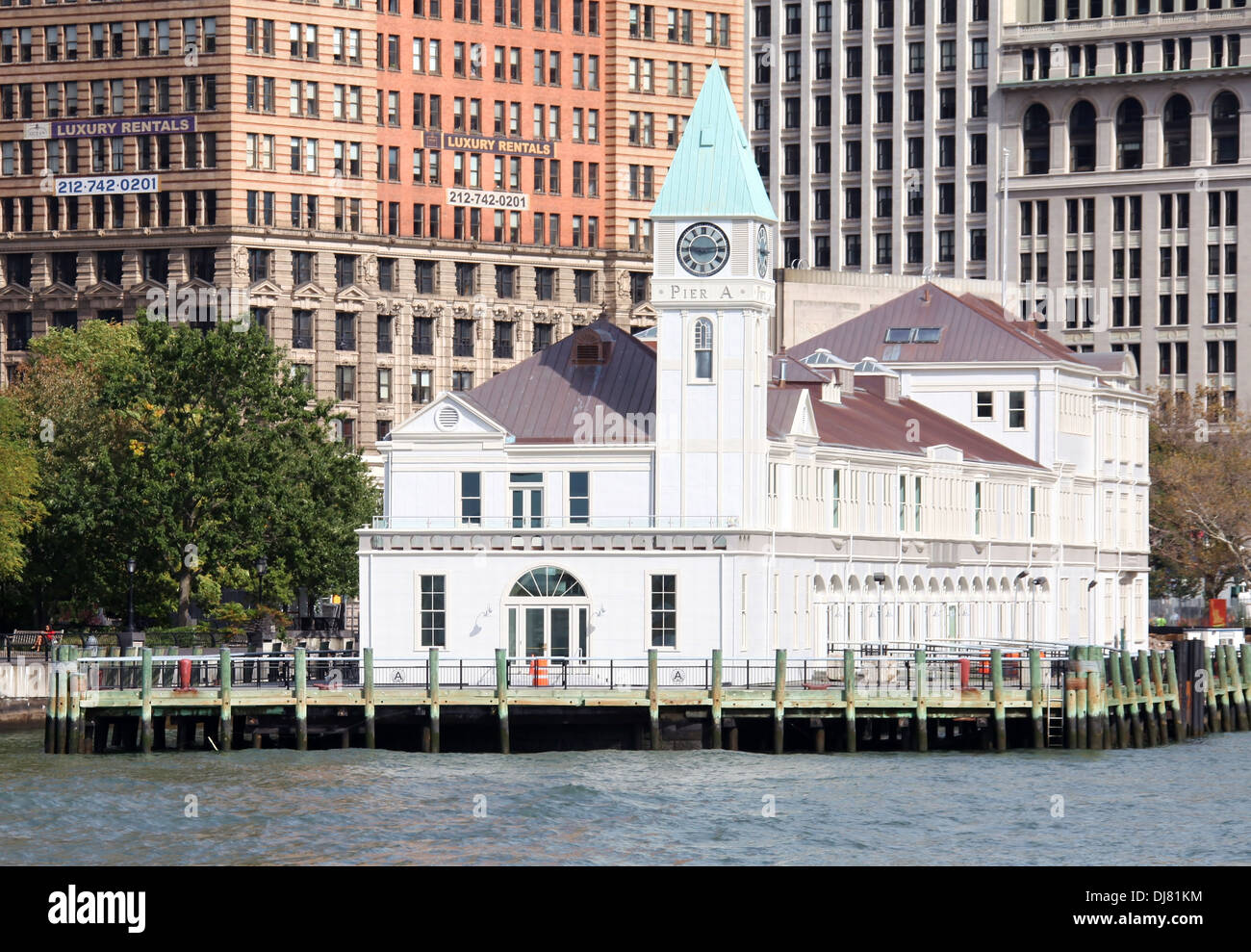 Historic Pier A from the Hudson River in New York City Stock Photo
