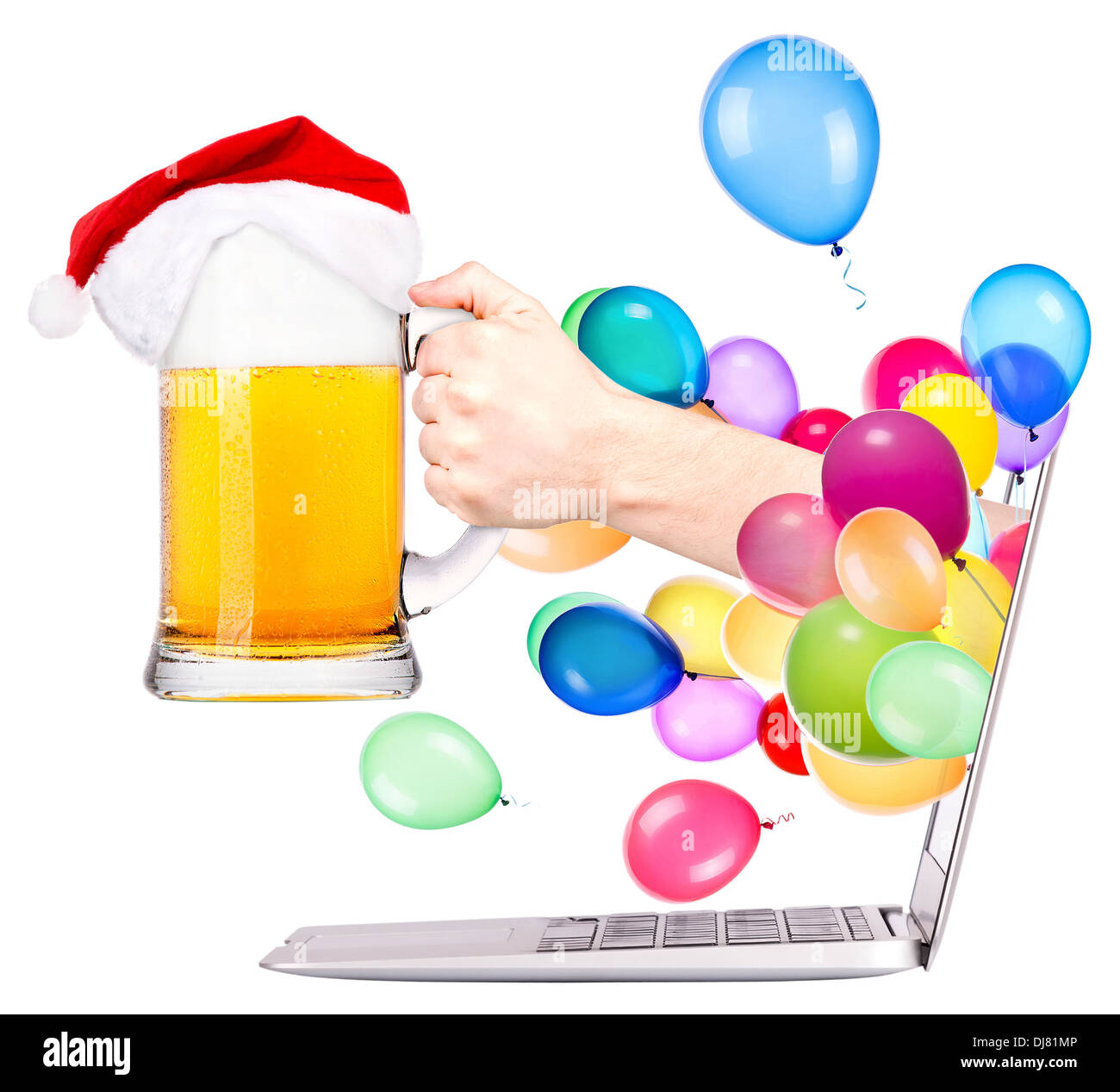 hand with glass of fresh beer and balloons come out from a screen of a ...