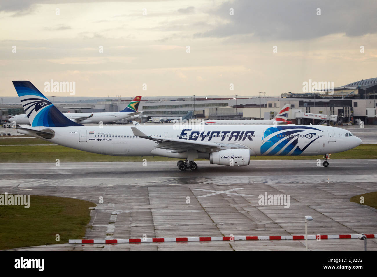 Egyptair Airbus A330 landing at London Heathrow Airport Stock Photo