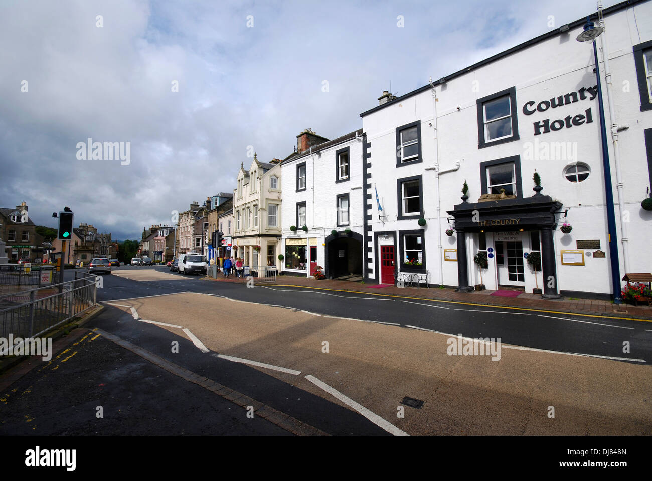 A street scene of High street, adjacent to the market square of Selkirk, Scottish Borders UK Stock Photo