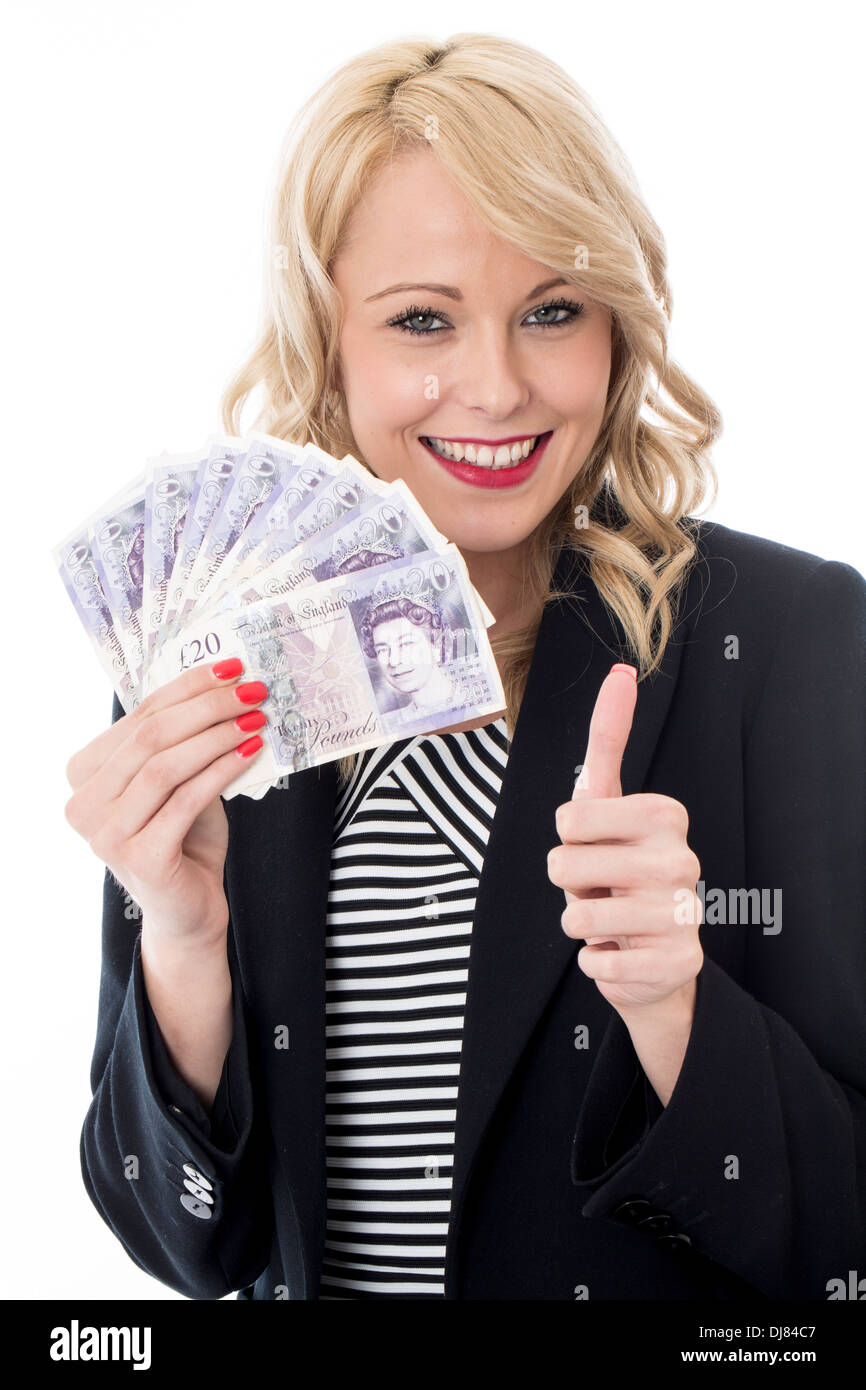 Young Happy Successful Blonde Caucasian Business Woman Holding A Fan Of British Banknotes Money, Alone And Isolated Against A White Background Stock Photo